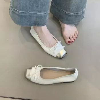 Sheepskin version~ French small fragrant style bow light mouth ballet single shoes women s versatile square head gentle flat grandma shoes 35