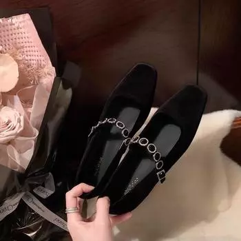 Sheepskin version~ French temperament rhinestone word with suede Mary Jane shoes square head ballet shoes shallow mouth flats 34