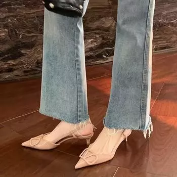 Sheepskin version~ French V home thin heel bag head sandals women s summer new leather nude back empty pointed high heel shoes 34