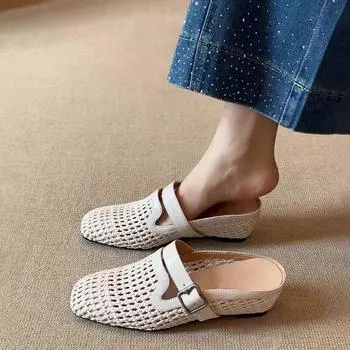 Sheepskin version~ French woven holiday slope heel bag head cool slippers women wear one pedal belt buckle muller shoes 35