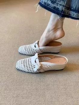 Sheepskin version~ French woven holiday slope heel bag head cool slippers women wear one pedal belt buckle muller shoes 35