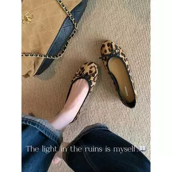 Sheepskin version~ Genuine leather classic round head bow leopard print single shoes women s shallow mouth ballet flats 35