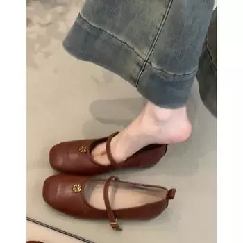 Sheepskin version genuine leather retro camellia light mouth soft leather one-word buckle single shoes women s evening shoes Mary Jane shoes 35