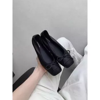 Sheepskin version~ genuine leather retro flat-soled ballet shoes women s head pedal bow single shoes grandma shoes 35