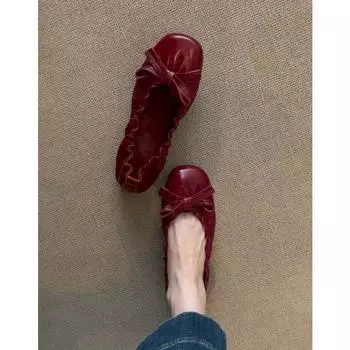 Sheepskin version~ Genuine leather retro pleated bow flat-bottomed ballet shoes commuter versatile one-pedal shallow-mouth single shoes 35