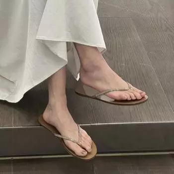 Sheepskin version~ Genuine leather rhinestone flat-bottomed flip-flops women s outer wear pinch slippers niche cool slippers 35