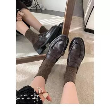 Sheepskin version~ Genuine leather round head thick heel thick sole women s small leather shoes single shoes one pedal lazy shoes 35