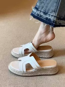 Sheepskin version~ Genuine leather Ruth thick-soled one-word slippers for women s summer wear straw-woven muffin shoes, high-heeled cool slippers 35