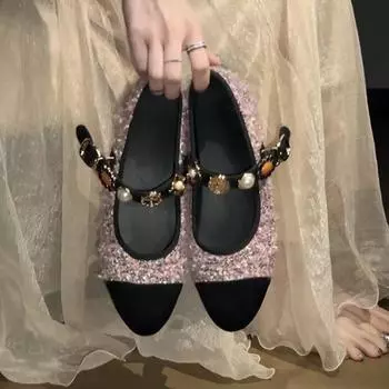 Sheepskin version~ Genuine leather small fragrant style badge buckle shallow mouth single shoes women s flat shoes French retro shallow mouth Ma 35