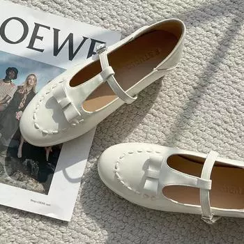 Sheepskin version, genuine leather temperament, niche retro, white bow, Mary Jane single shoes, flat commute. 35