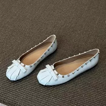 Sheepskin version~ Genuine leather temperament versatile flat shoes women s square head bow ballet style rivet shallow mouth single shoes 35