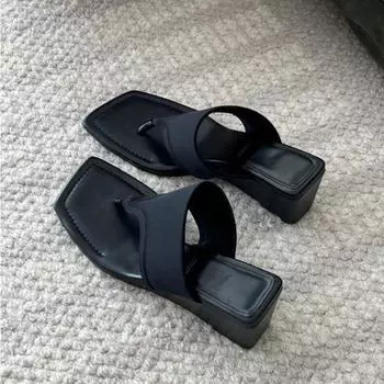 Sheepskin version~ Genuine leather wedge heel high-heeled flip-flops women s summer pinch foot thick-soled half-slippers high-end cool slippers 35