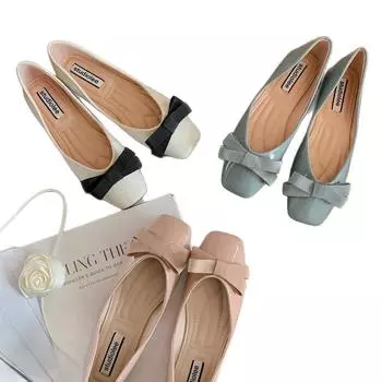 Sheepskin version~ Grape mother has the same temperament square head bow commuting versatile light mouth single shoes women s flat ballet shoes 35