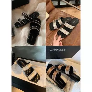 Sheepskin version~ Grape mother has the same satin word with sparkling rhinestone slippers for women s summer wear square head flat bottom sandals 35