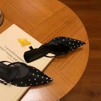 Sheepskin version~ Grape mother rhinestone pointed head temperament high heels mesh yarn breathable rear empty single shoes women s bag he 35