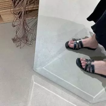 Sheepskin version~ high-end small gold buckle leather one-word slippers women s summer outer wear hollow soft bottom half slippers small sandals 35