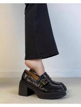 Sheepskin version~ High-heeled loafers, women s belt buckle, genuine leather, black small leather shoes, one pedal waterproof platform platform single 34