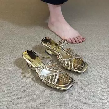 Sheepskin version~ Holiday style woven hollow word with cool slippers women s outer wear square head temperament wedge sandals 35