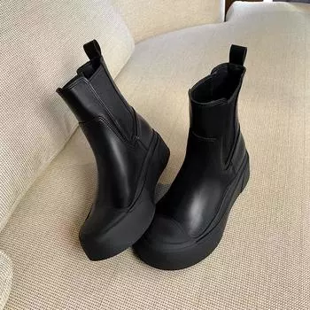 Sheepskin version~ inner height increase 7cm thin boots short boots women s leather thick-soled Chelsea boots muffin Martin boots ankle boots 35