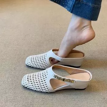 Sheepskin version~ inner height increase leather outer wear lazy bag head shoes women s metal hollow woven summer cool slippers 35