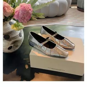 Sheepskin version~ inner height increase pleated leather silver single shoes women s ballet style platform Mary Jane ladyshoes ballet shoes 34