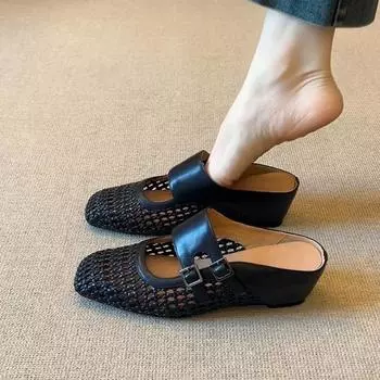 Sheepskin version~ inner height increase with half slippers women s square head versatile woven hollow and breathable outer bag head sandals 35