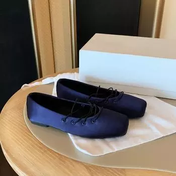 Sheepskin version~ inner heightening women s shoes satin square head blue ballet shoes flat Mary Jane shoes light mouth single shoes women 34