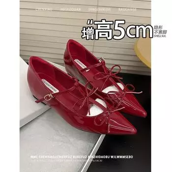 Sheepskin version invisible inner height increasing shoes Mary Jane shoes women s bow pointed leather shallow mouth versatile commuter shoes 33