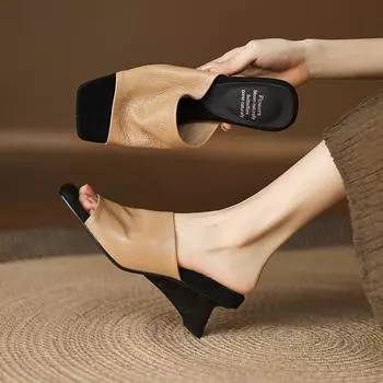 Sheepskin version is very easy to wear retro square head one-word slippers women s summer shoes special-shaped and cool slippers 34