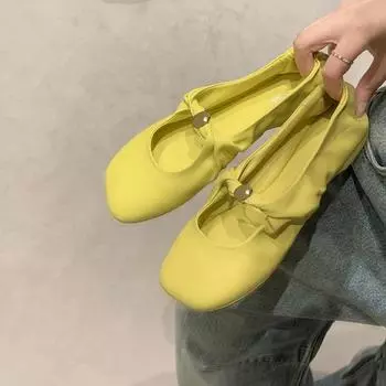 Sheepskin version~ Kink small gold buckle apple head soft waxy flat-soled single shoes women s shallow mouth Mary Jane shoes 34