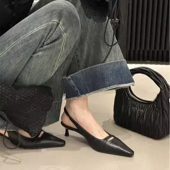 Sheepskin version Korean version niche retro rear empty single shoes versatile stiletto high heel kitten and simple leather square head sandals 34