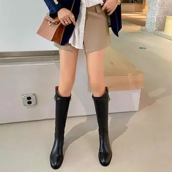 Sheepskin version leather boots women s diagonal lock thick heel high knight boots women s British autumn and winter boots 34