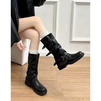 Версия из овчины~ Кожаные нишевые ретро-сапоги с толстой подошвой, женские средние сапоги, сапоги-трубы, рыцарские сапоги, сапоги в стиле вестерн 35