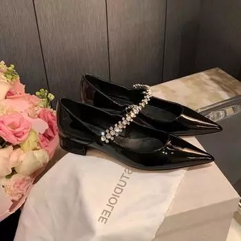 Sheepskin version~ Leather pointed sparkling rhinestone Mary Jane shoes women s versatile shallow mouth single shoes 35