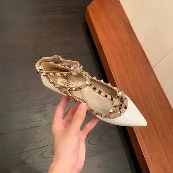 Sheepskin version~ Leather pointed tip shallow mouth strap rivet Mary Jane shoes women s flat all-match single shoes 35