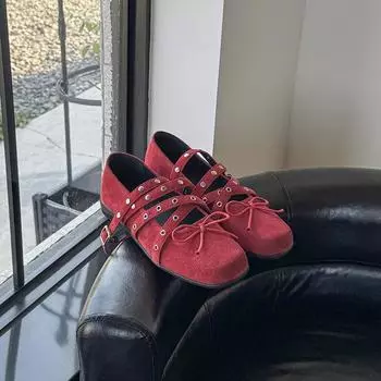 Sheepskin version~ leather retro rivet red shallow mouth ballet shoes women s bow Mary Jane shoes single shoes 35