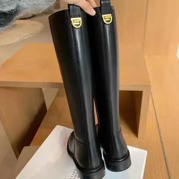 Sheepskin version~ Leather round head gold buckle thick-soled knight boots women s autumn and winter high boots thick heel thin boots long boots 35