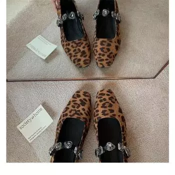 Sheepskin version~ Leather shoes leopard print Mary Jane shoes women s single shoes rhinestone shallow mouth ballet flat shoes ladyshoes 35