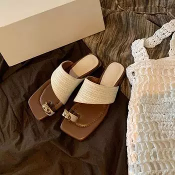 Sheepskin version~ Leather shoes thick heels holiday style straw woven toe slippers women wear new cool slippers in summer 35