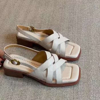 Sheepskin version~ Leather square head cross-strapped shoes for women s summer wear literary and retro woven thick-heeled sandals 35