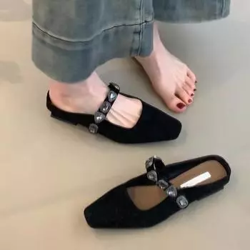 Sheepskin version~ Low-heeled square head half-slippers women s diamond one-word leather bag head shoes, elegant temperament Muller women s shoes 35