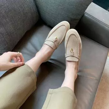 Sheepskin version~ LP fringed lock female flat-bottomed lazy one-pedal versatile soft-soled Doudou cashmere single shoes 34