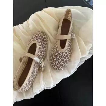 Sheepskin version~ mesh hollowed sandals breathable shallow mouth flat Mary Jane shoes women s single shoes summer fishing net shoes 35