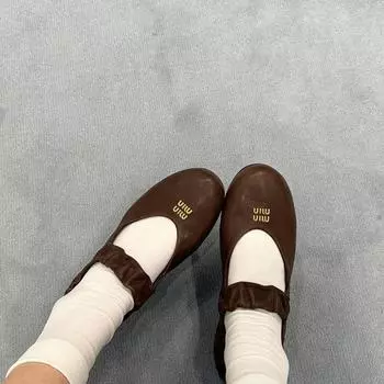 Sheepskin version~ miu style leather soft-soled Mary Jane shoes women s ballet flats round head one-word belt single shoes laden shoes 35