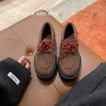 Sheepskin version~ miu wind lace-up leather thick-soled women s thick heel derby single shoes muffin shoes versatile small leather shoes 35