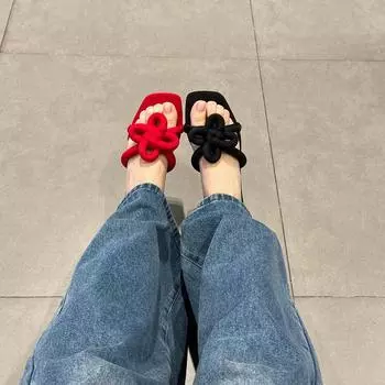 Sheepskin version~ New Chinese-style Chinese knot leather one-word slippers women s spring French lazy half slippers wear cool slippers 35