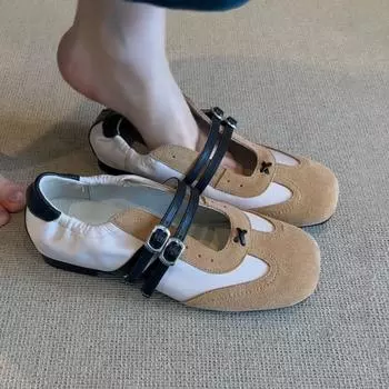 Sheepskin version~ New double-breasted hollow matte women s retro color matching sports flat Mary Jane single shoes 35