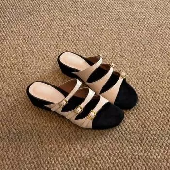 Sheepskin version~ New gentle one-word shoes women s summer versatile commuting thick-soled leather cool slippers 35