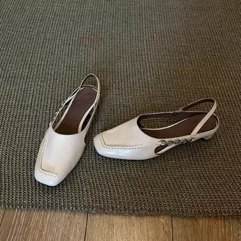 Sheepskin version~ New literary and artistic hollow breathable bag head shoes women s metal chain low heel rear strap fashionable cool slippers 35