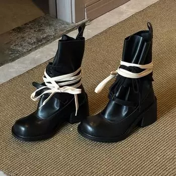 Sheepskin version~ New retro Spice Girls strap stacking boots women s thick heel thin fashion boots round head heightening Martin boots 35